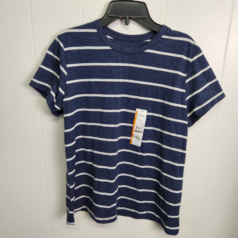 Time And Tru Shirt Youth Medium Blue White Striped‎ Relaxed Fit Crew Tee Casual